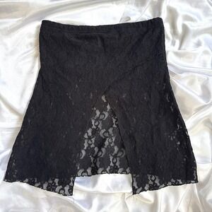 Venus Black Floral Lace Mini Skirt Wrap Front Slit Sheer Overlay Womens Small